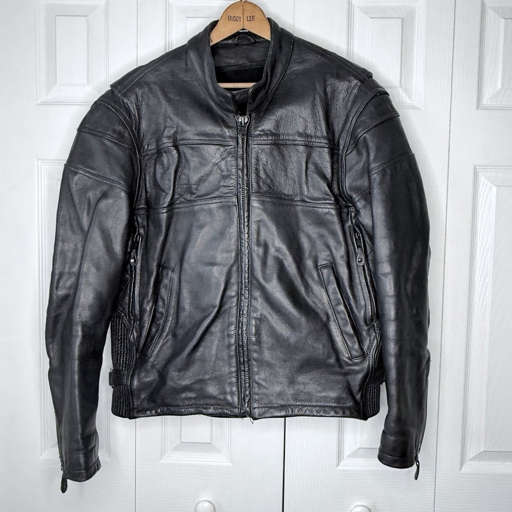 Black Leather Motorcycle Cafe Racer Jacket Men's‎ L Heavy Duty - No Liner